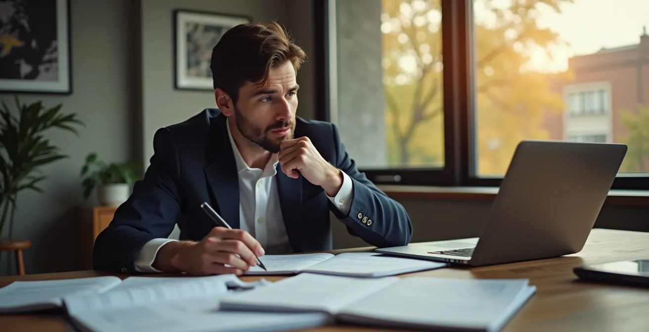 Professionnel réfléchissant face à des documents éparpillés sur un bureau