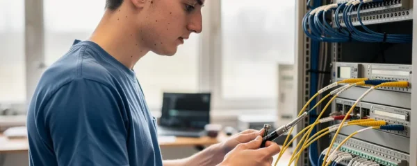 Technicien alternant inspectant équipement fibre optique en atelier formation Ducretet