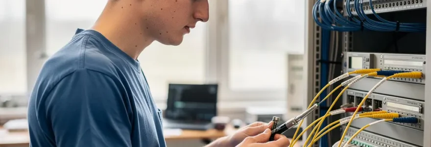 Technicien alternant inspectant équipement fibre optique en atelier formation Ducretet