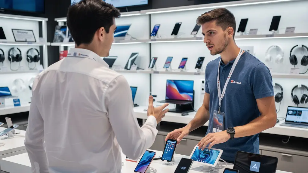 Conseiller de vente alternant en situation de conseil client magasin électroménager