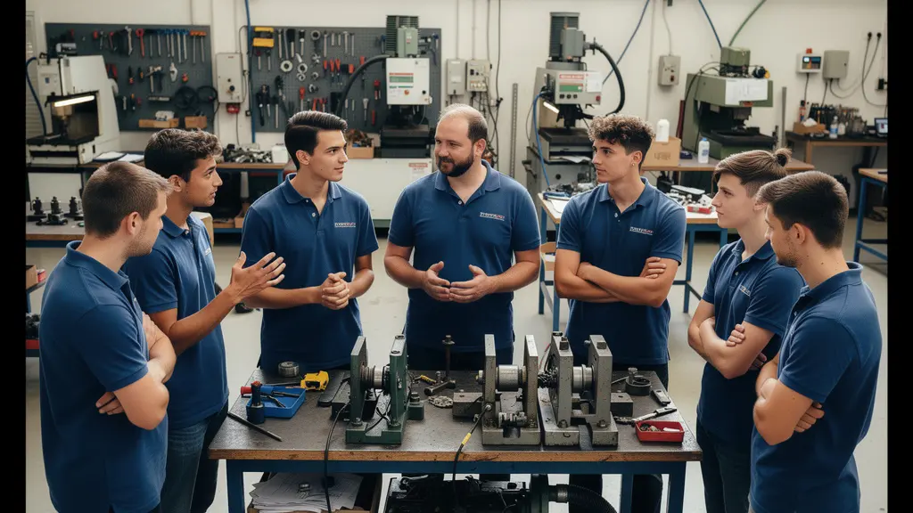 Groupe d'alternants en atelier pratique formation CFA avec formateur