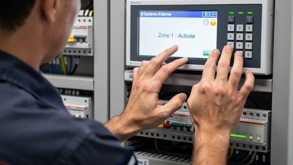 Technicien vérifiant l'écran d'une centrale d'alarme intrusion