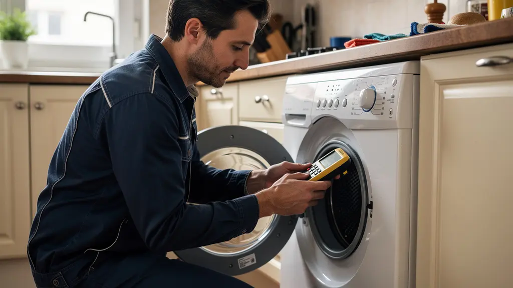 Technicien alternant diagnostiquant appareil électroménager au domicile client