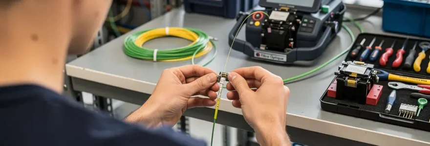 Apprenti technicien travaillant sur installation fibre optique en atelier de formation alternance