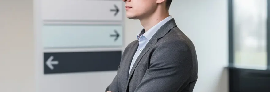 Jeune adulte consultant un panneau d'orientation formation alternance dans un hall de CFA