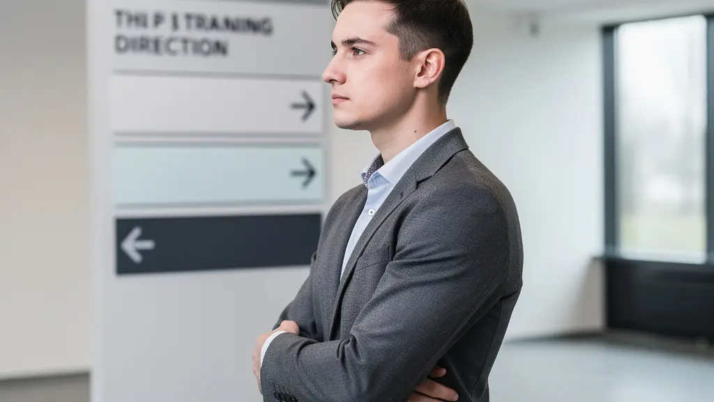 Jeune adulte consultant un panneau d'orientation formation alternance dans un hall de CFA