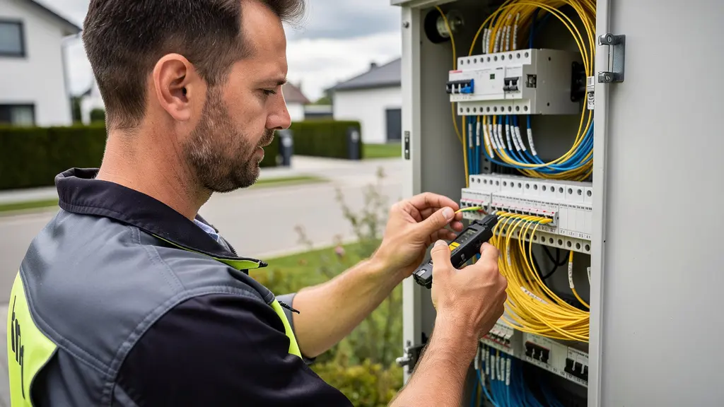 Technicien fibre optique en intervention sur boîtier raccordement alternance