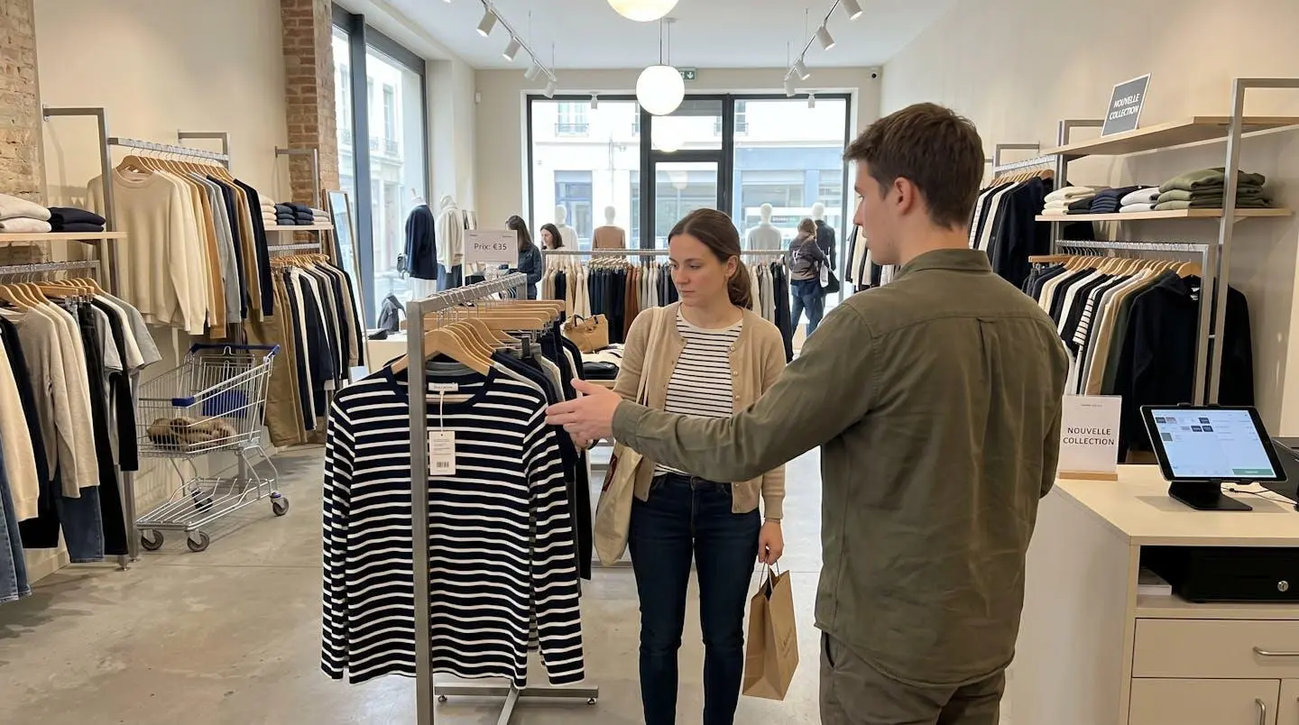 Jeune vendeur en alternance vu de dos conseillant une cliente dans une boutique de prêt-à-porter lumineuse à Lyon