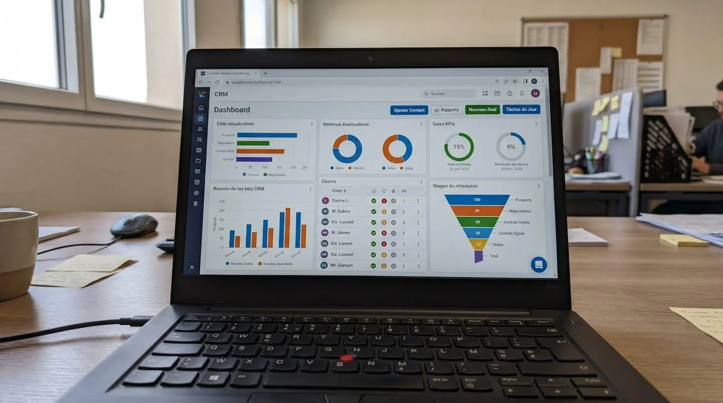 Gros plan sur un écran d'ordinateur affichant un tableau de bord CRM avec graphiques de ventes et liste de clients, clavier flouté en arrière-plan