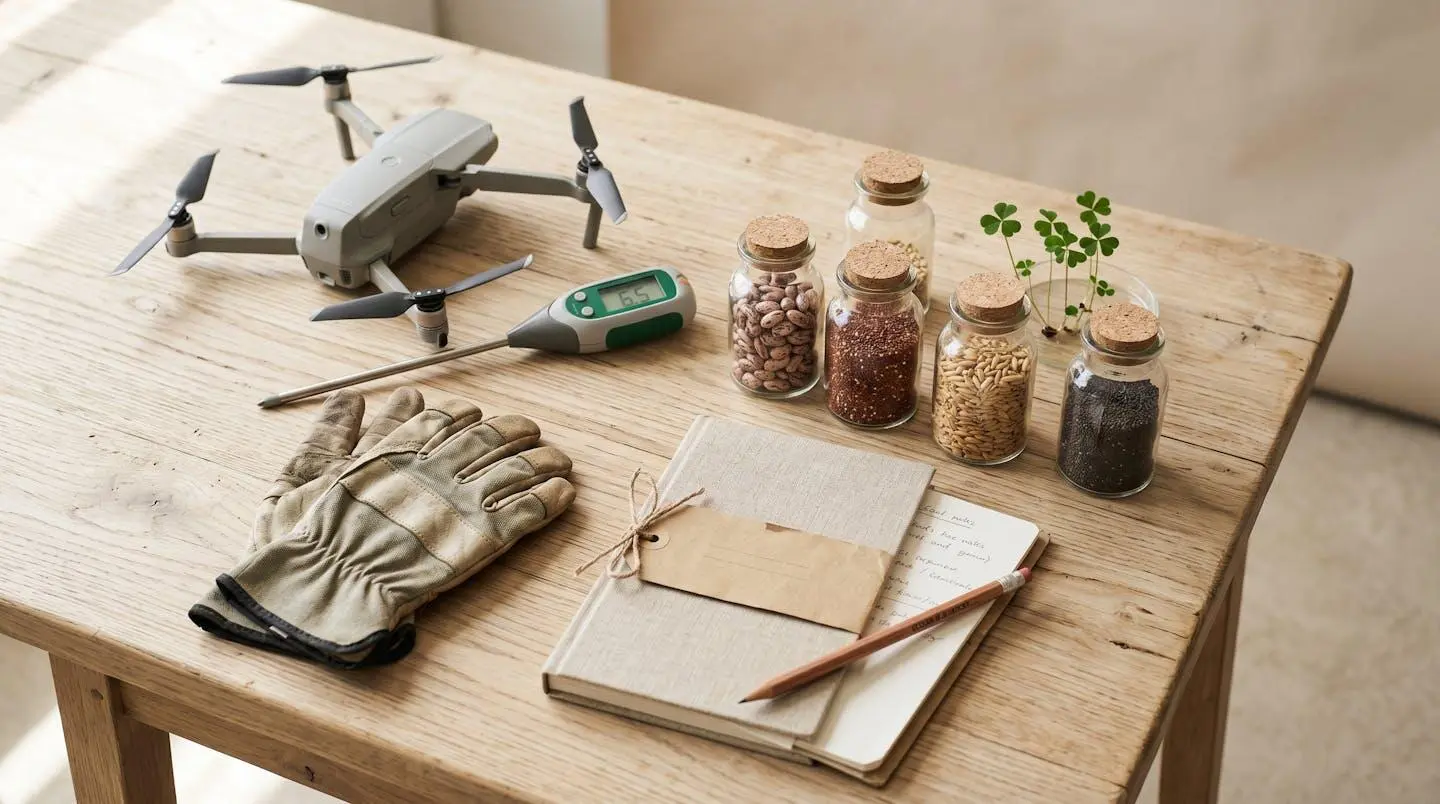 Composition minimaliste outils agricoles modernes sur table bois : drone, sonde sol, semences bocaux verre, gants techniques