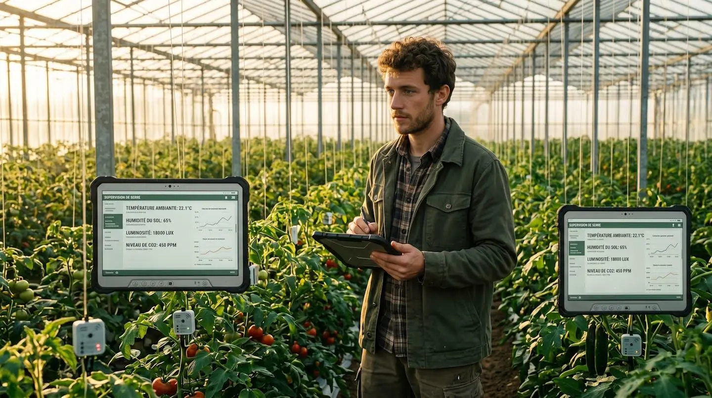Jeune agricultrice dans serre moderne tenant tablette numérique, capteurs connectés sur plants maraîchers, lumière naturelle dorée